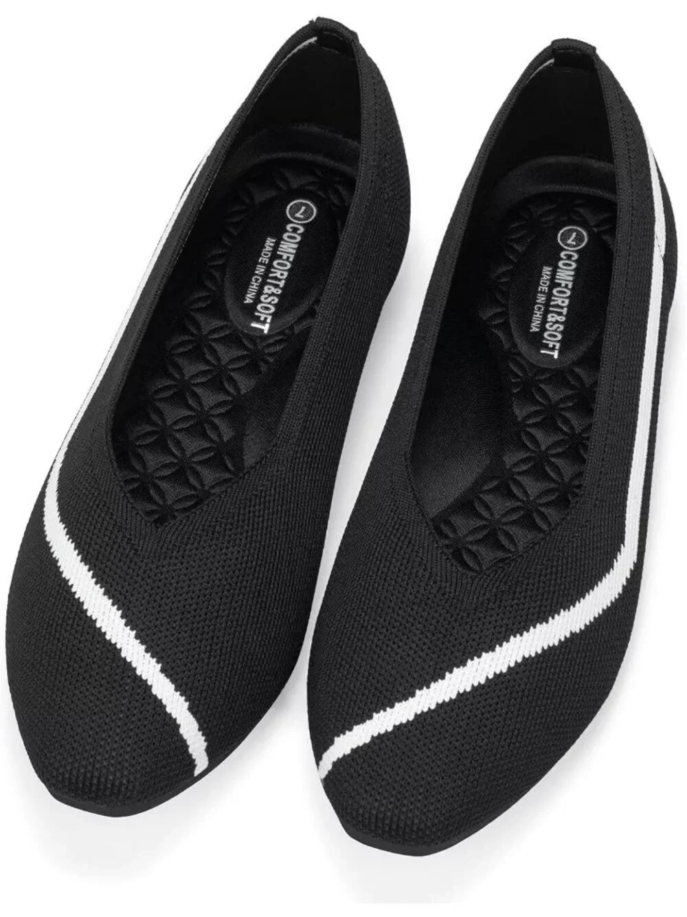 Frank Mully Women's Black Rubber Knitted Square Toe Comfortable Slip On Flats